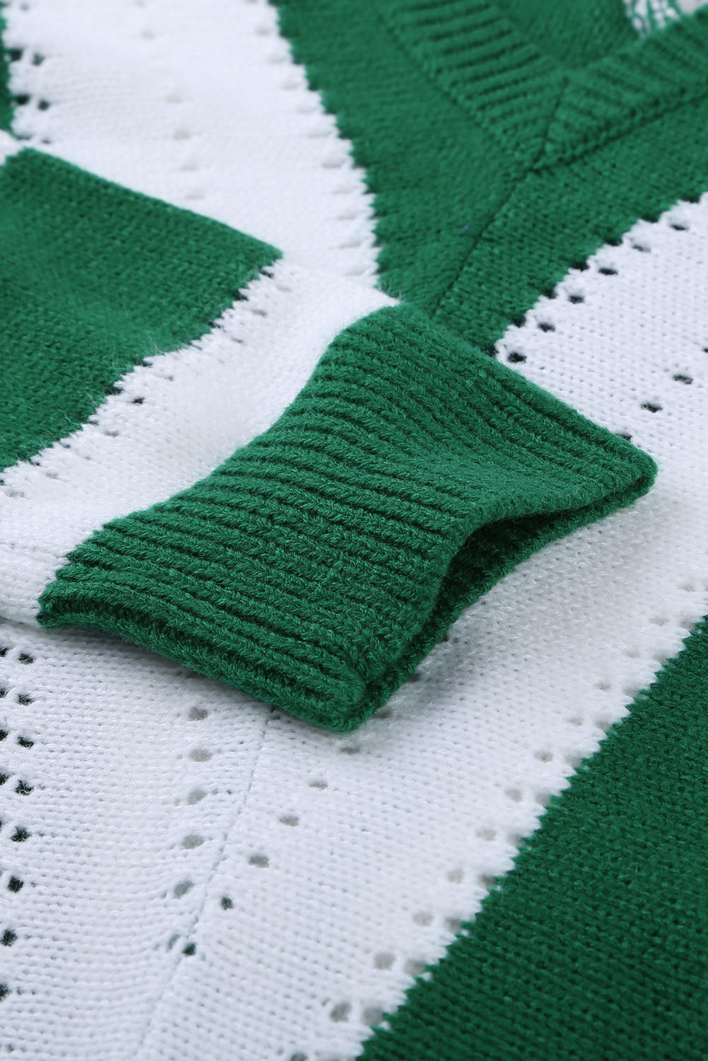 Women's V Neck Knitted Green White Striped Color-Block Sweater