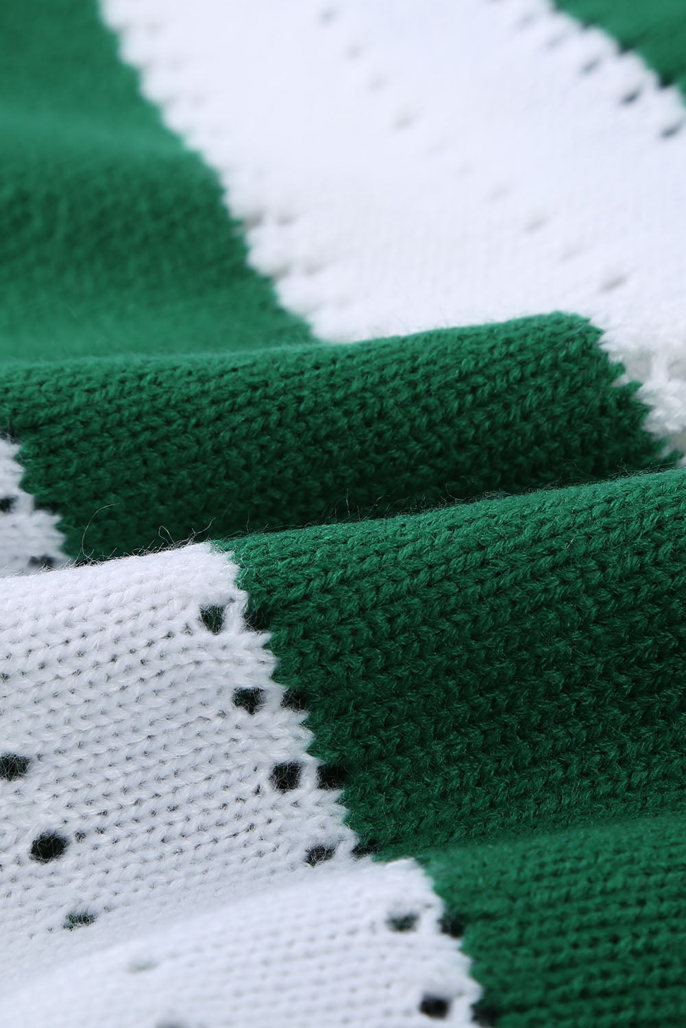 Women's V Neck Knitted Green White Striped Color-Block Sweater