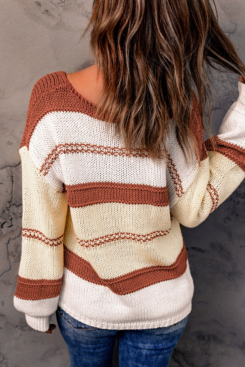 Women's Sweater Featuring Beige Red Striped