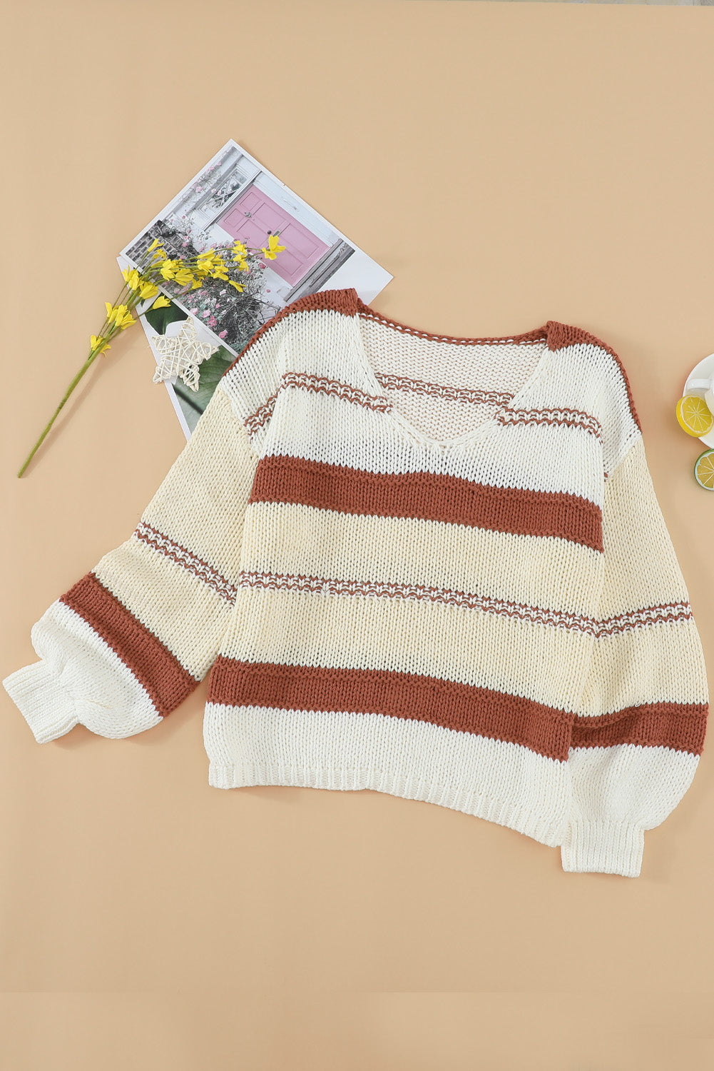 Women's Sweater Featuring Beige Red Striped