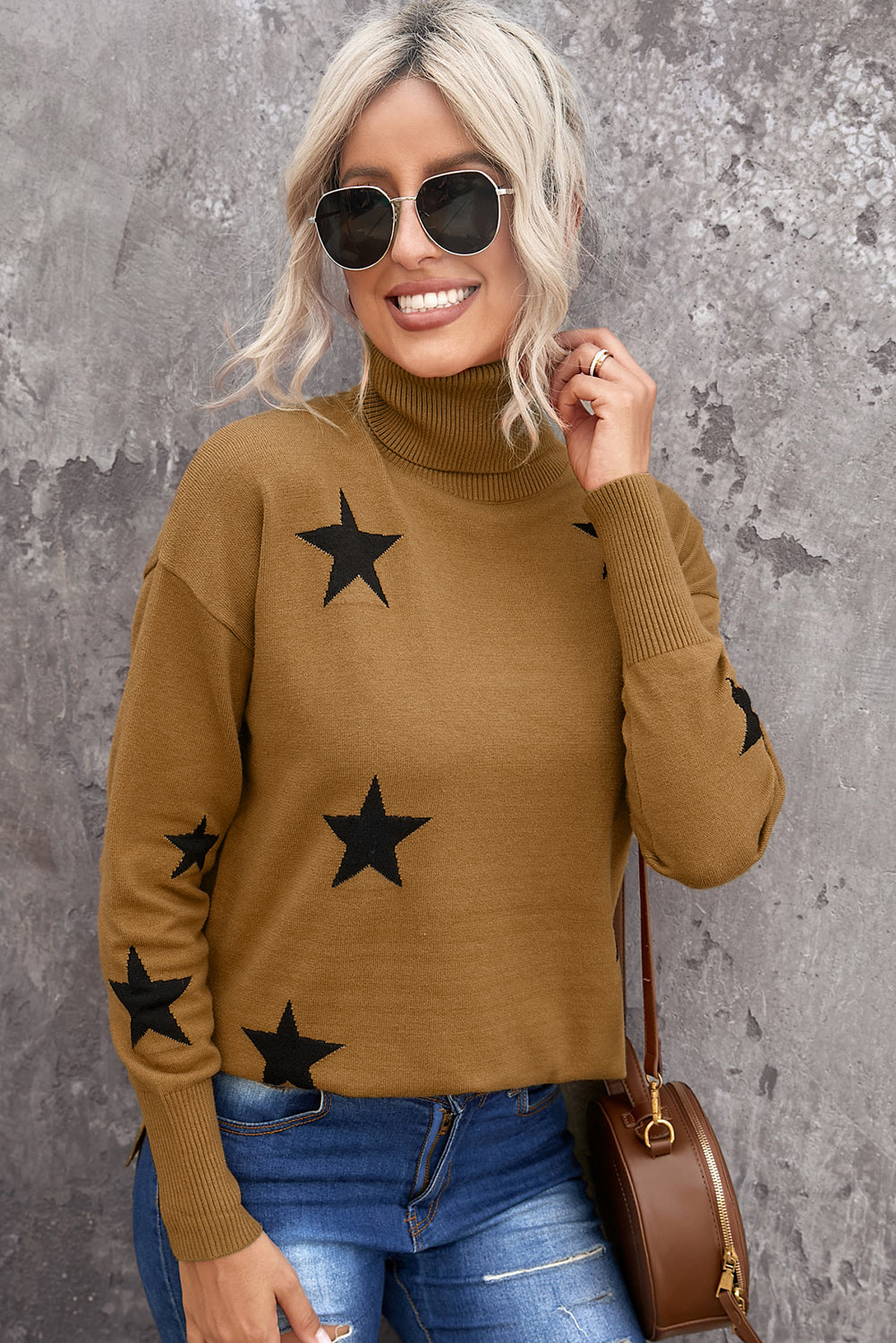 Women's Sweater with Star Print Turtleneck