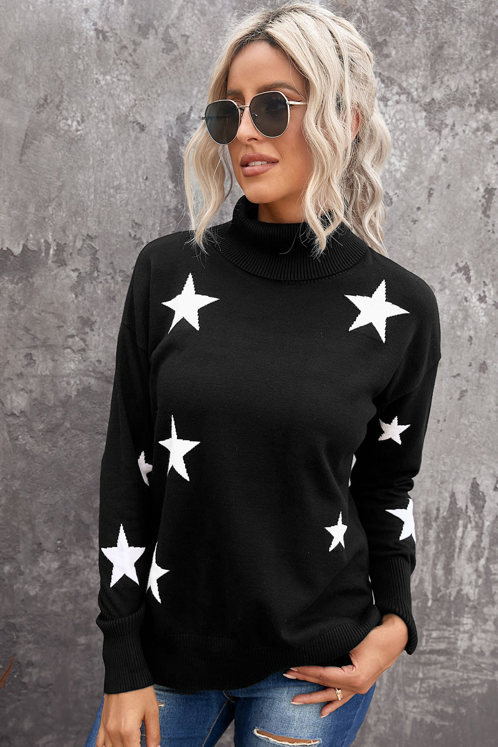 Women's Sweater with Star Print Turtleneck