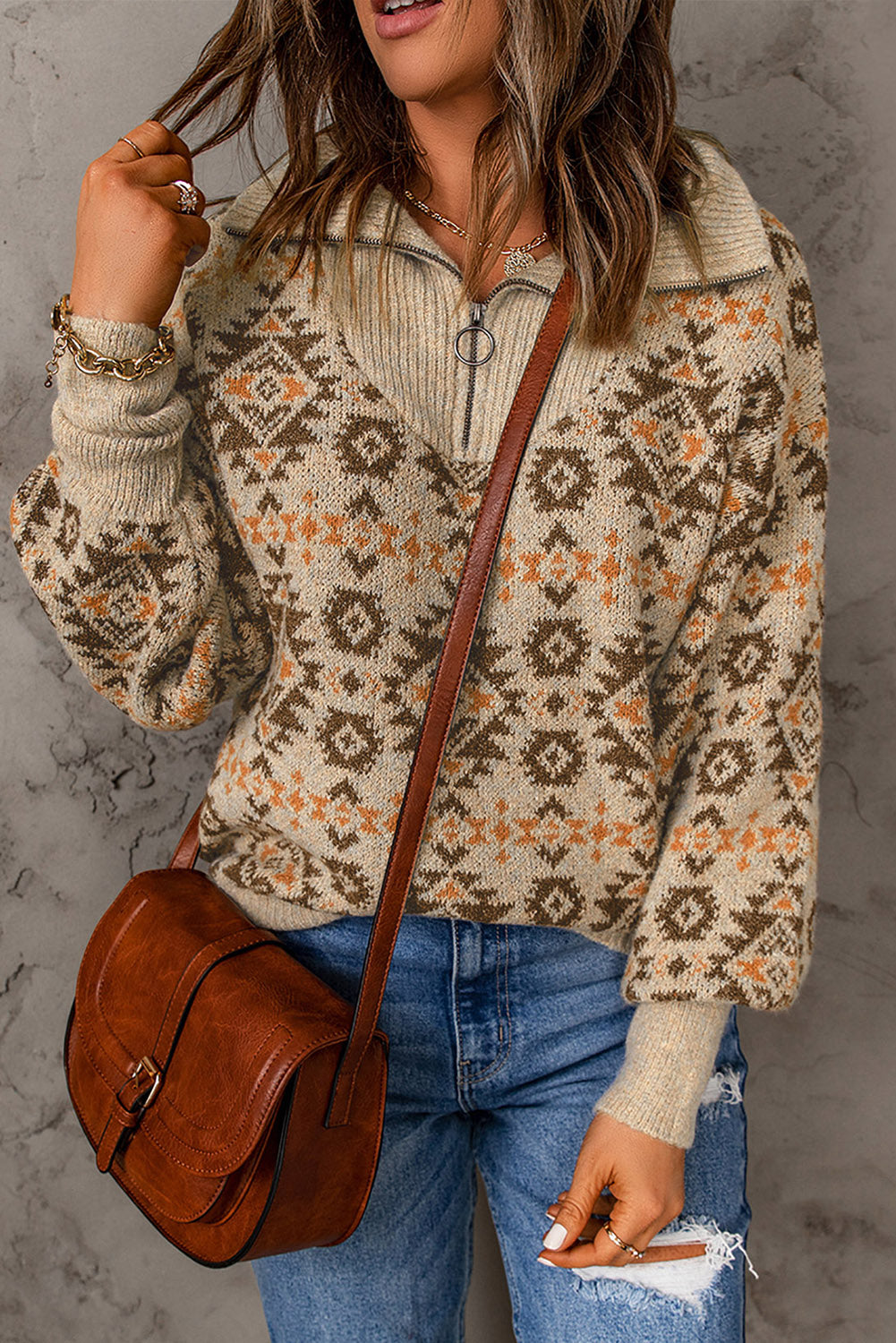 Women's Sweater with Zipped Khaki Aztec