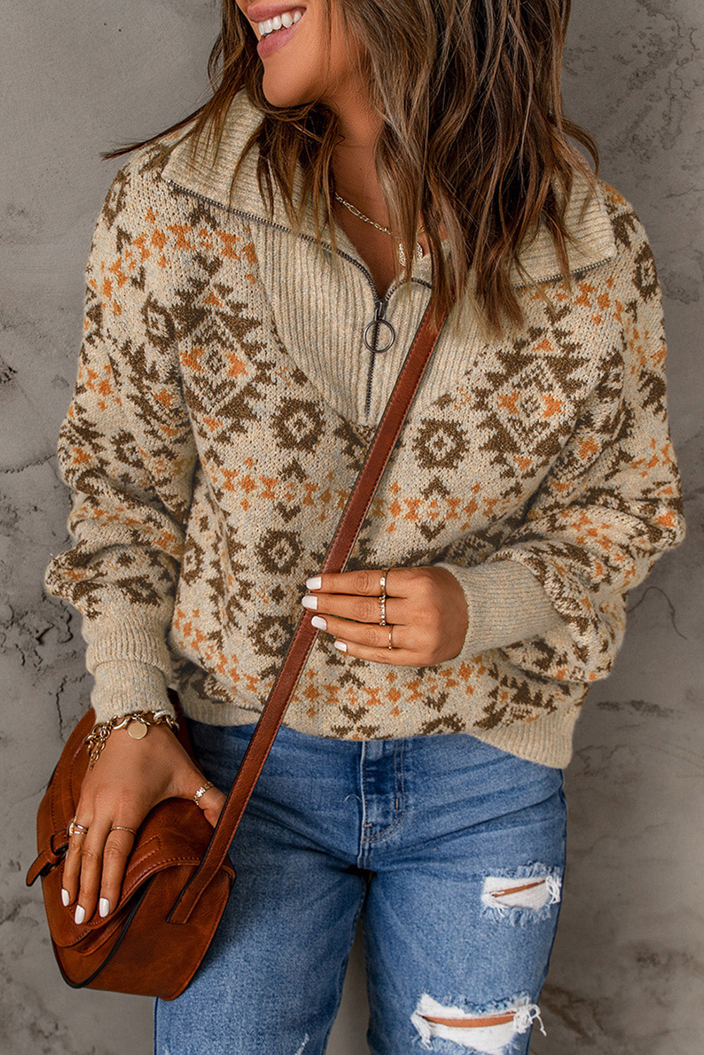 Women's Sweater with Zipped Khaki Aztec