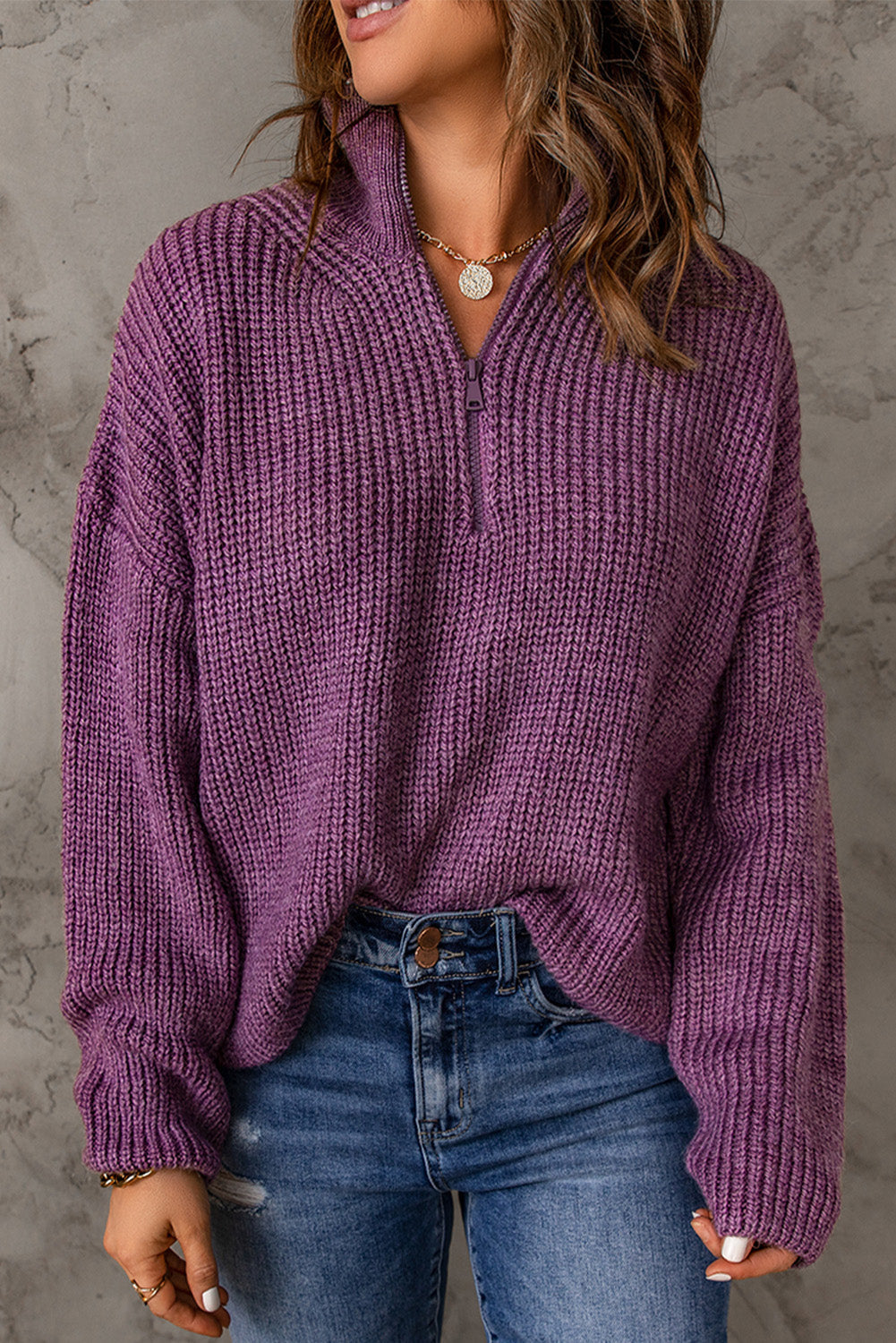 Women's Purple Zipped Turtleneck Sweater