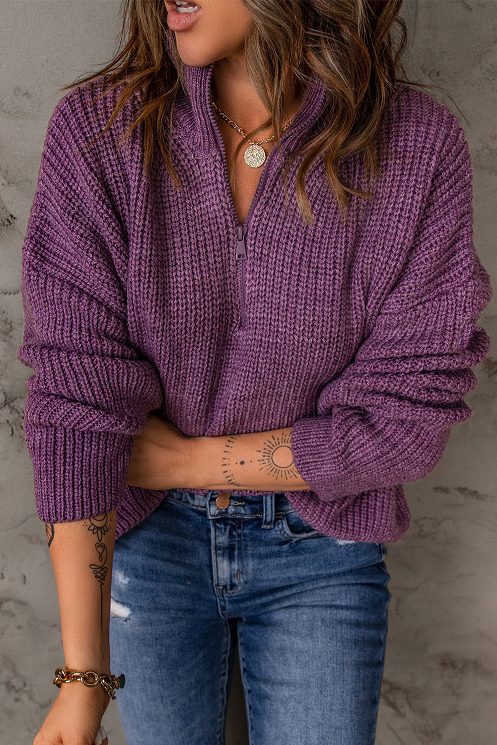 Women's Purple Zipped Turtleneck Sweater