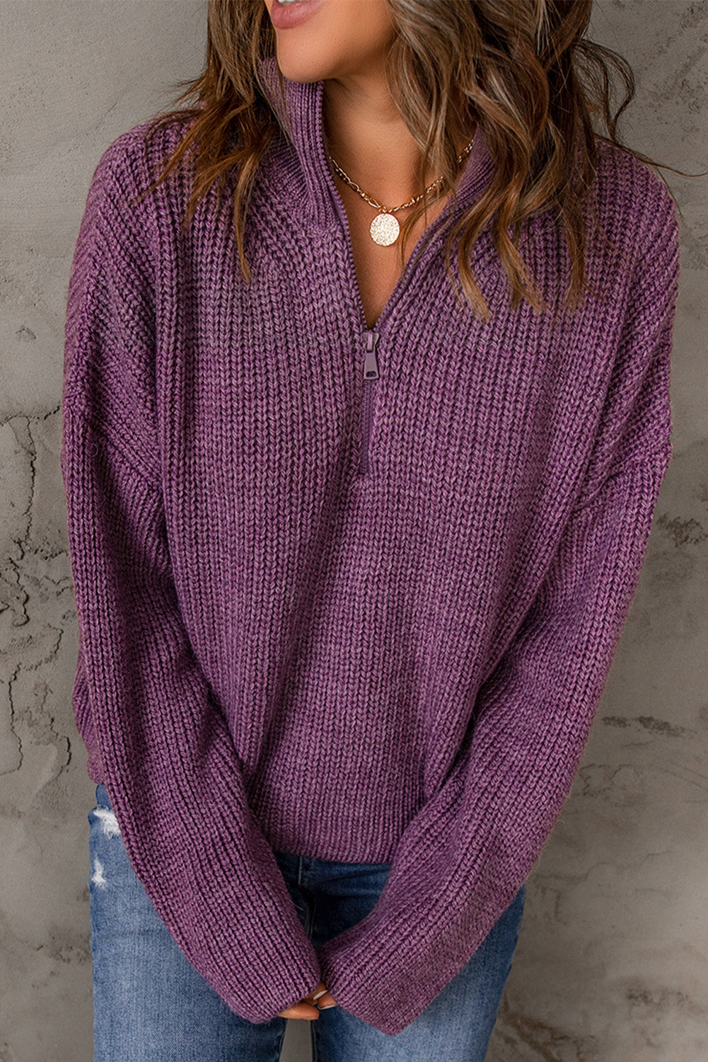 Women's Purple Zipped Turtleneck Sweater
