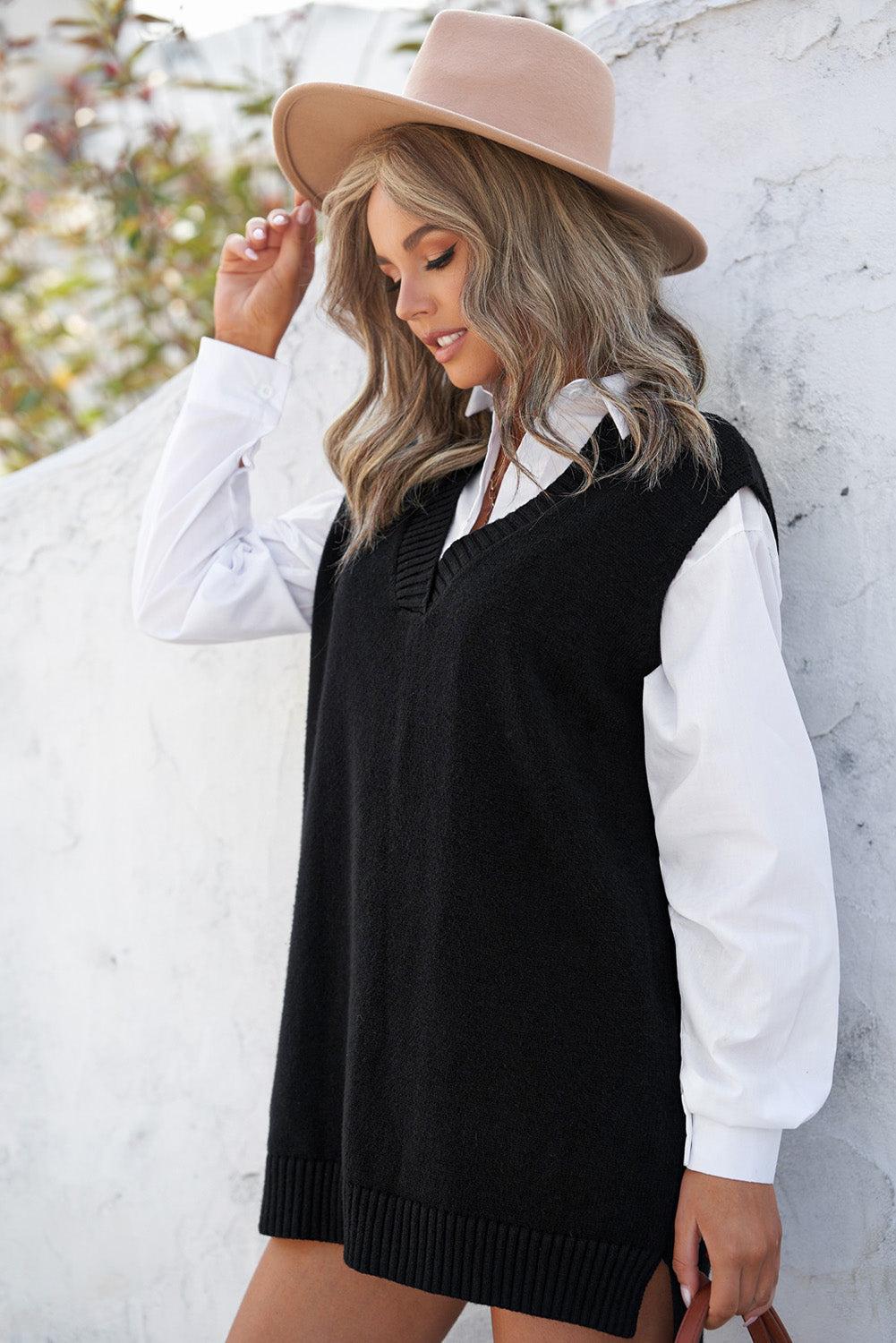 Women's Sweater with Black Knitted Pullover Vest