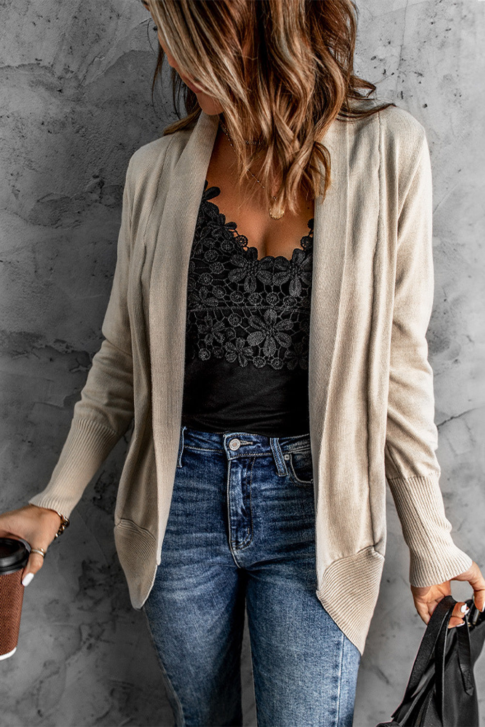 Women's Cardigan with Open Khaki Super Soft Long-Sleeve
