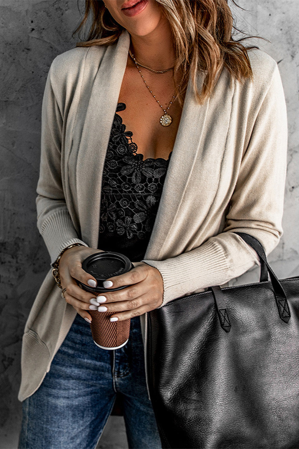 Women's Cardigan with Open Khaki Super Soft Long-Sleeve