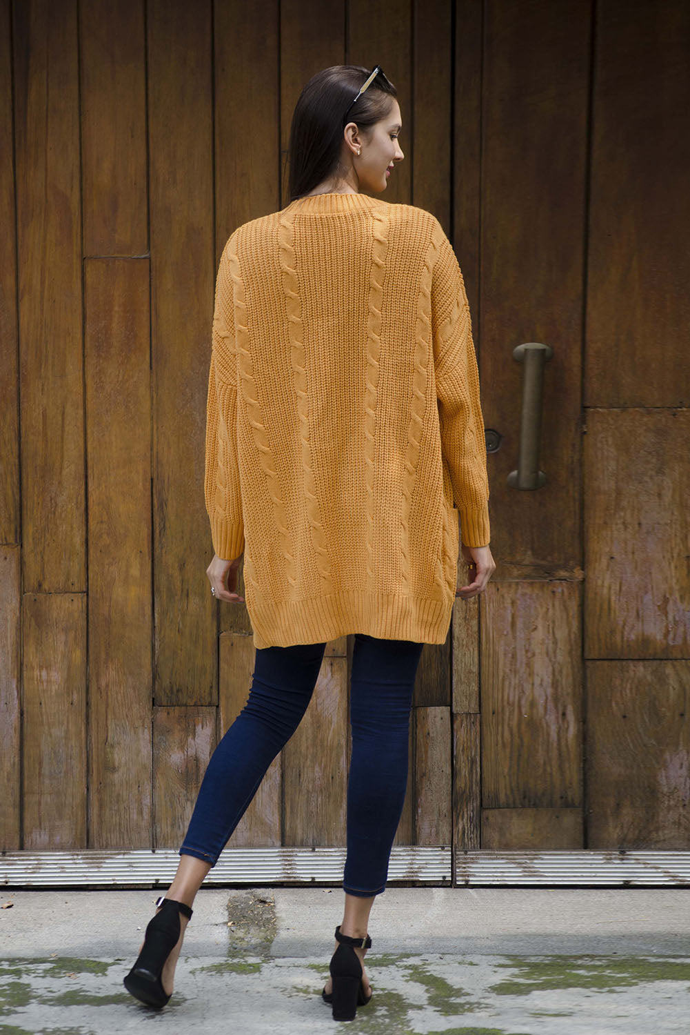 Women's pockets with Texture Long-Sleeve Cardigan with Mustard Knitted