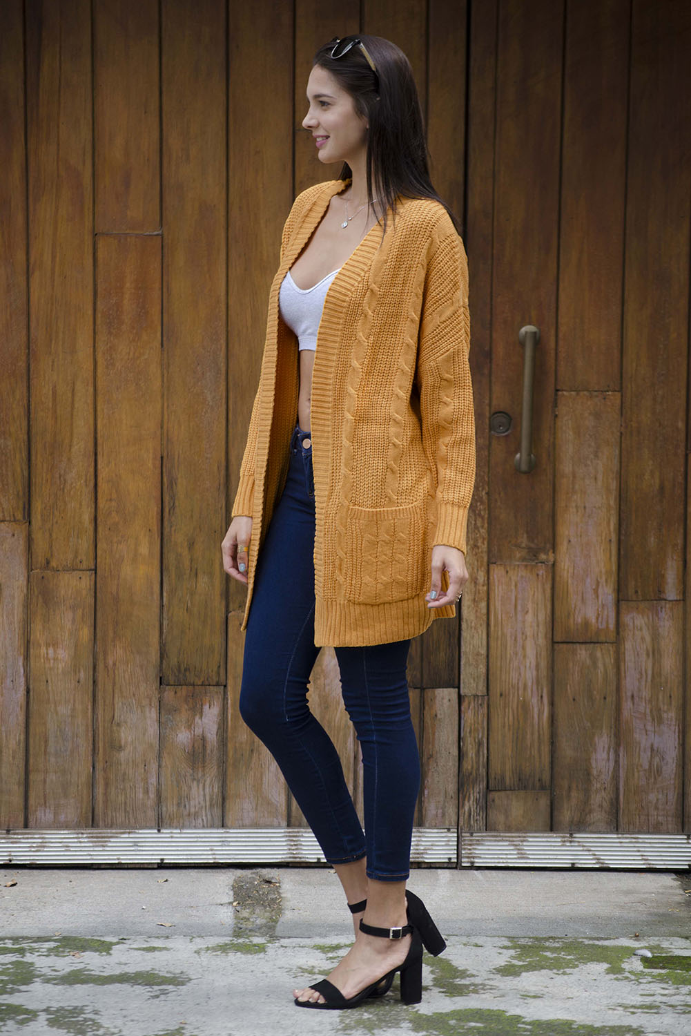 Women's pockets with Texture Long-Sleeve Cardigan with Mustard Knitted