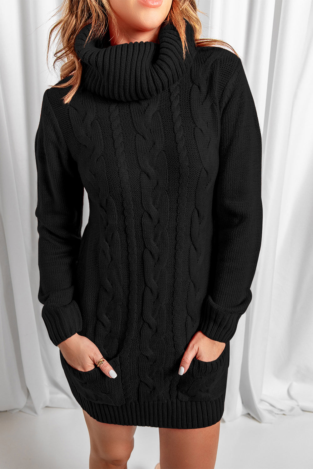 Women's Dress with Cable Knitted Sweater Black Cowl Neck Pockets