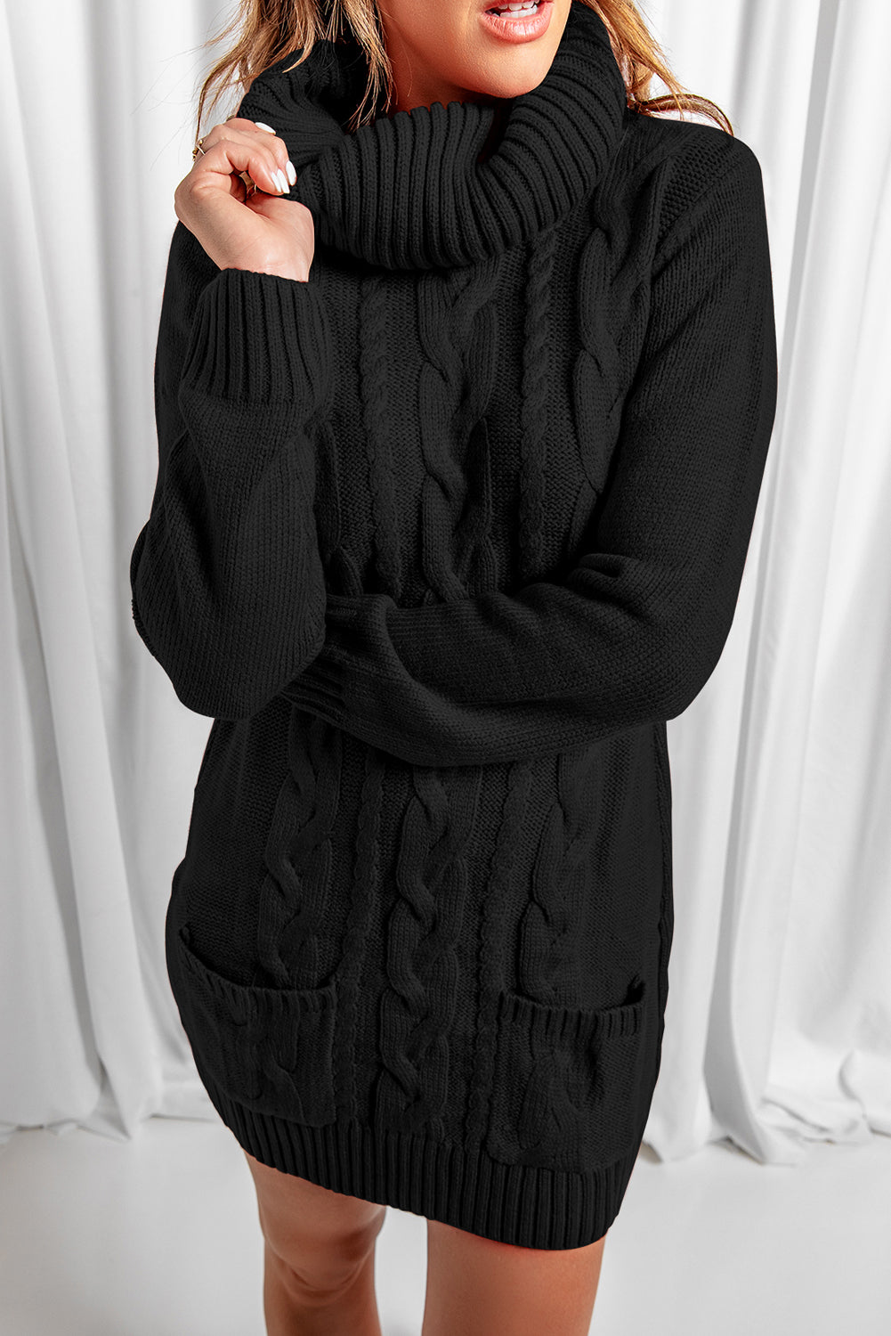 Women's Dress with Cable Knitted Sweater Black Cowl Neck Pockets