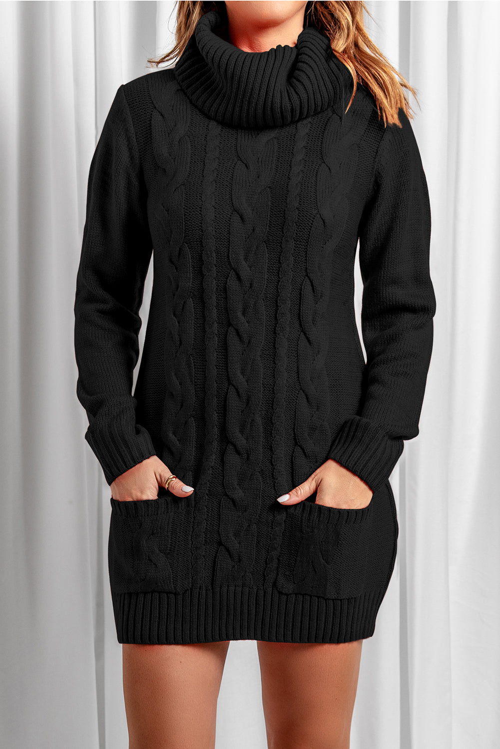Women's Dress with Cable Knitted Sweater Black Cowl Neck Pockets
