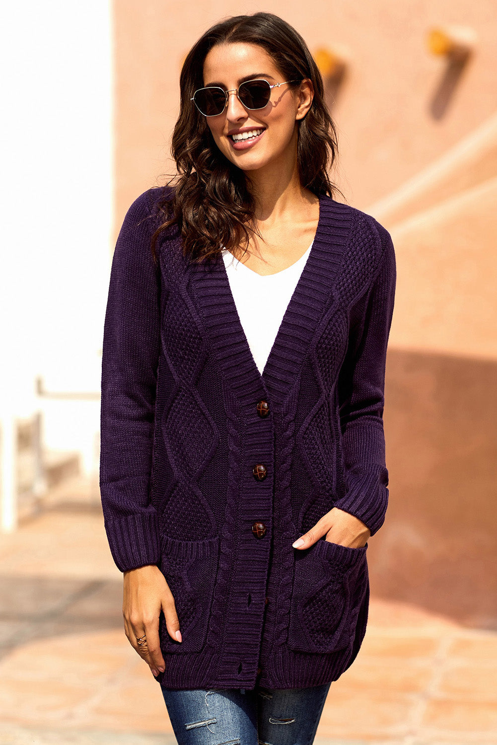 Women's Cardigan with Women Purple Front Pocket And Buttons Closure