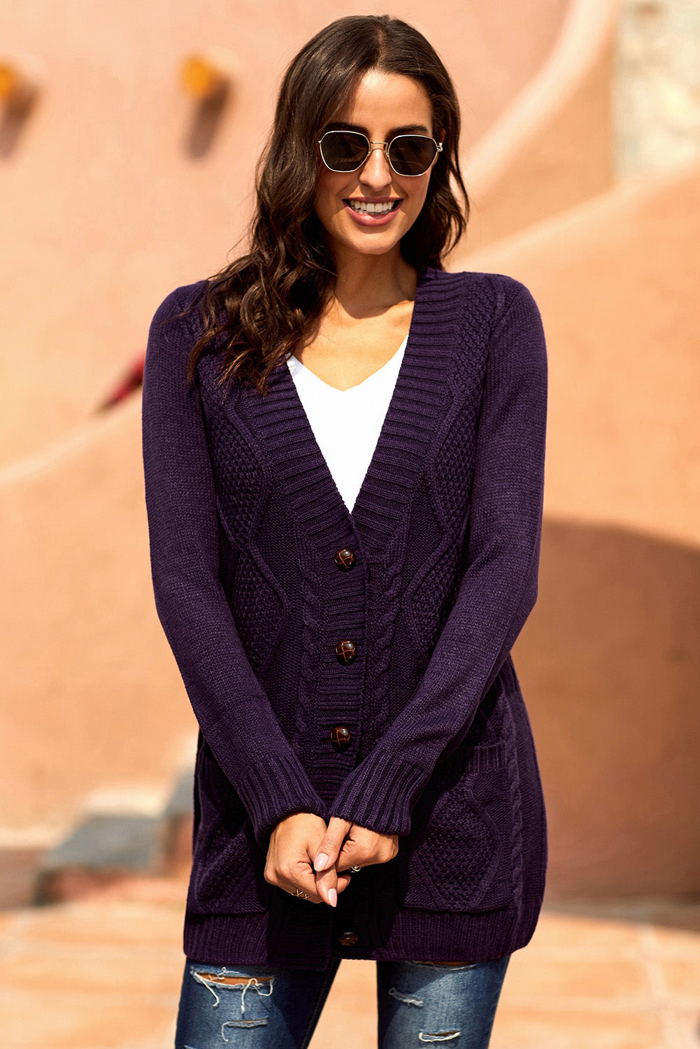 Women's Cardigan with Women Purple Front Pocket And Buttons Closure