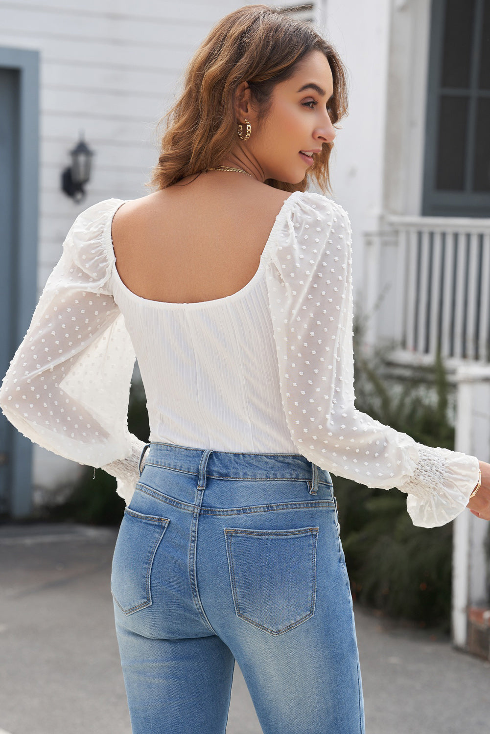 Women's Bodysuit Featuring White Swiss Dot Rib-Knitted