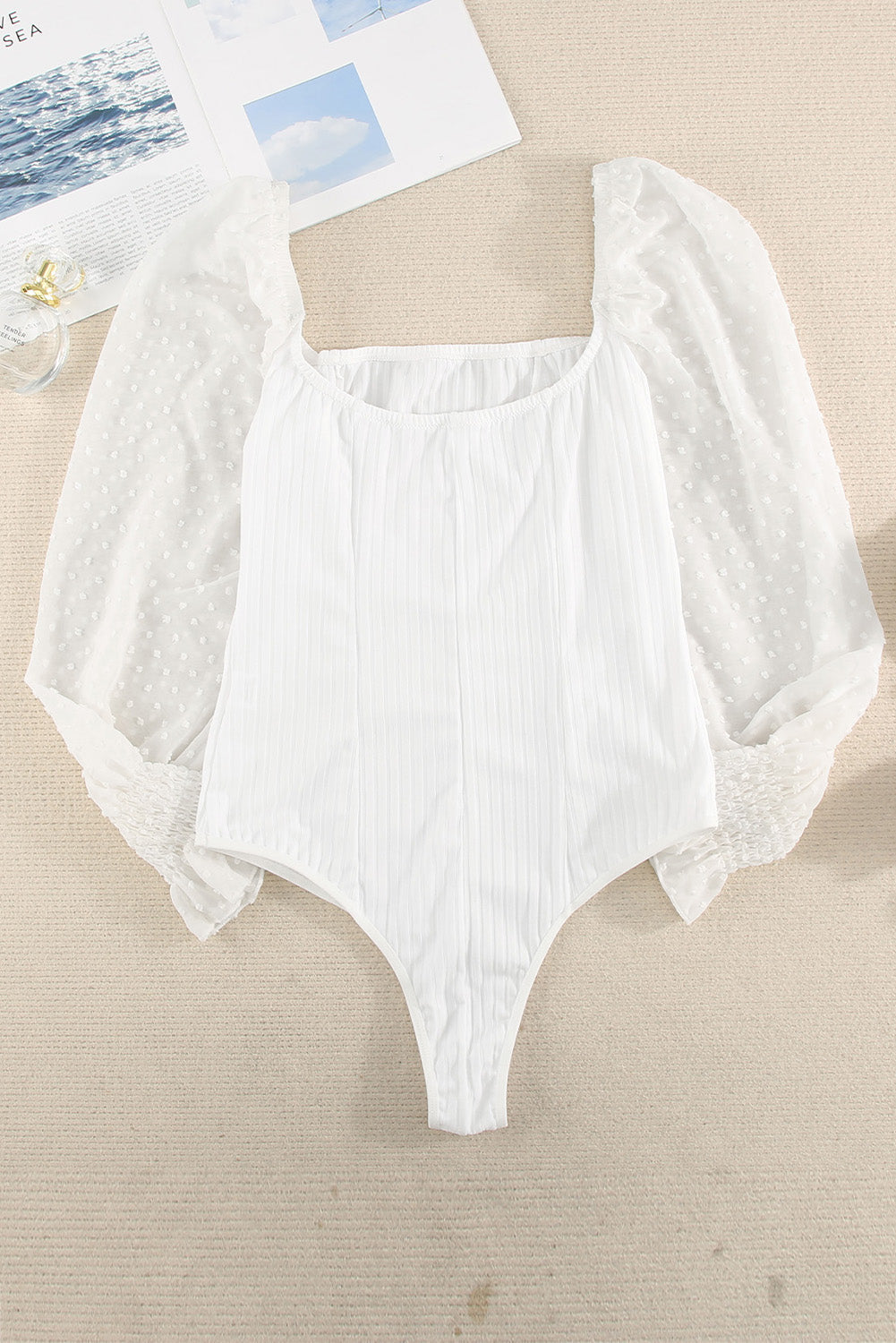 Women's Bodysuit Featuring White Swiss Dot Rib-Knitted