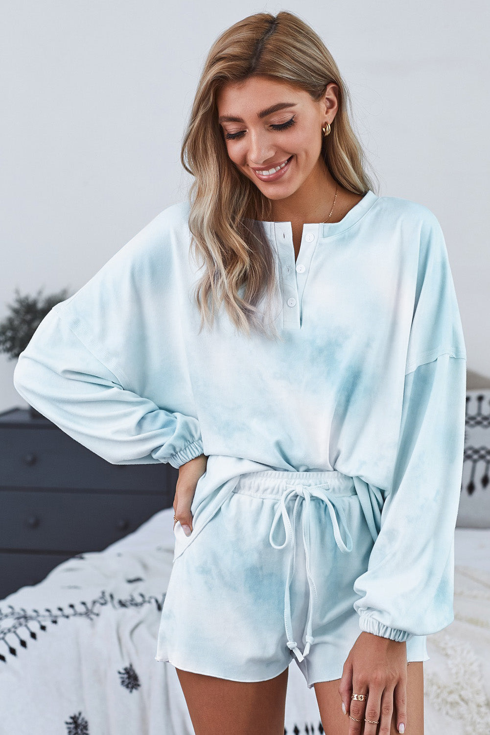 Set for Women Long-Sleeve and Short Pajamas Sky Blue Tie Dye Knitted