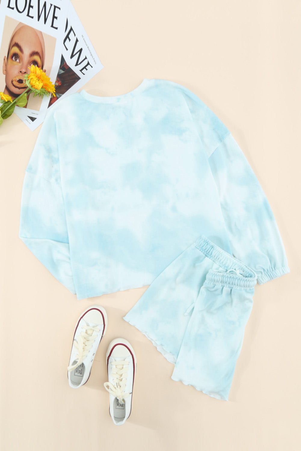 Set for Women Long-Sleeve and Short Pajamas Sky Blue Tie Dye Knitted