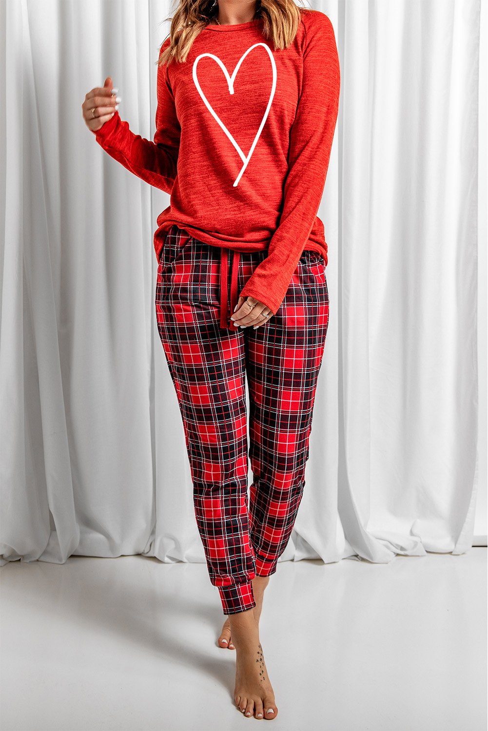 Women's Plaid Lounge Red Heart Print Set