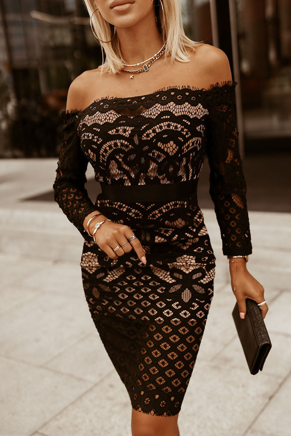Dress for Women Black Lace-Trimmed Bodycon