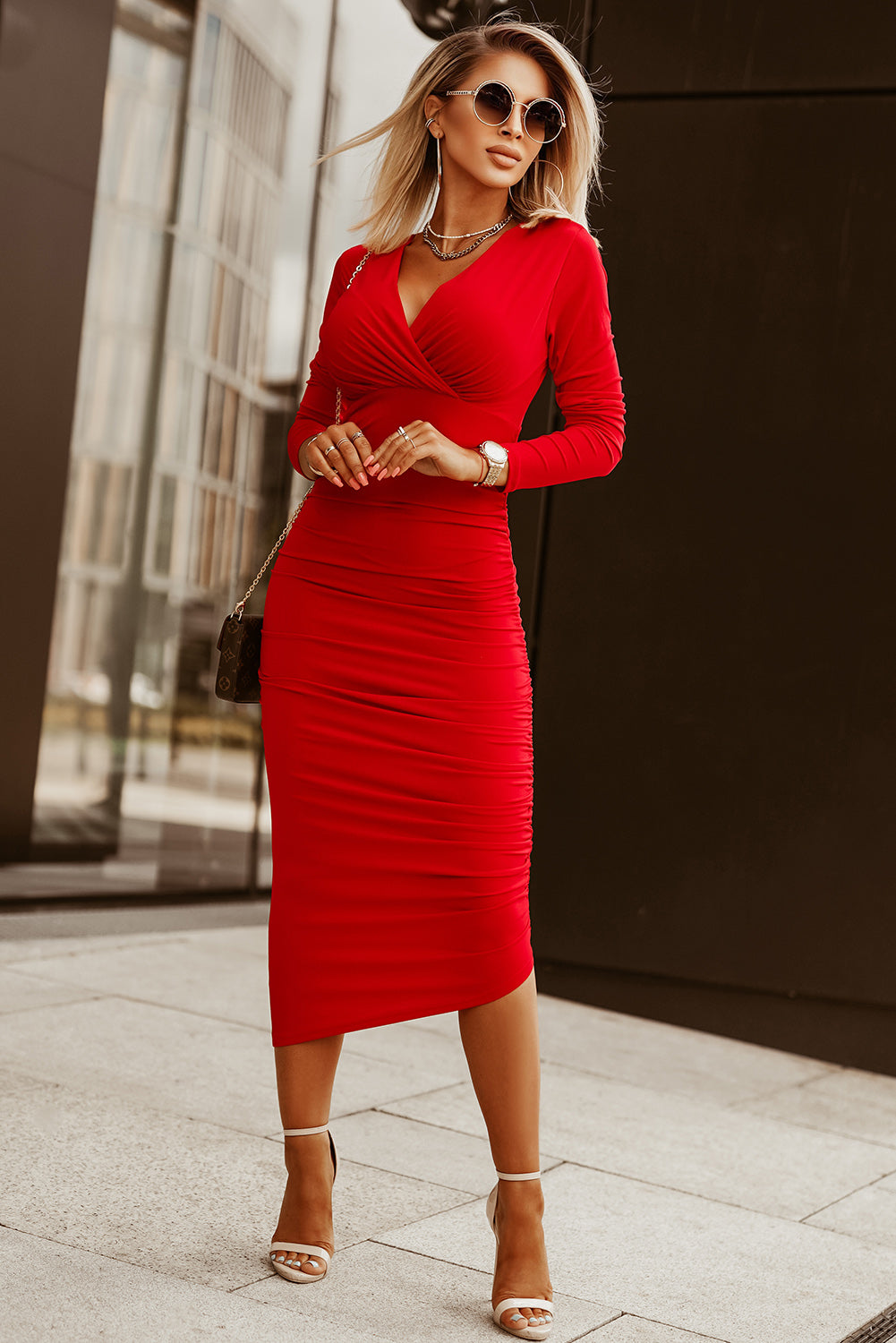 Midi Dress for Women Red Wrap Sheath