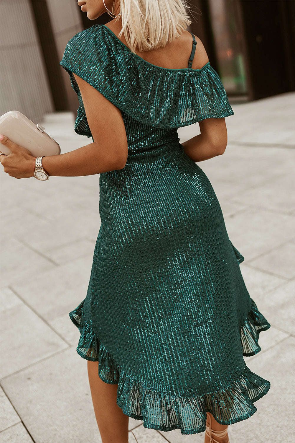 Dress for Women Green One-Shoulder Sequin