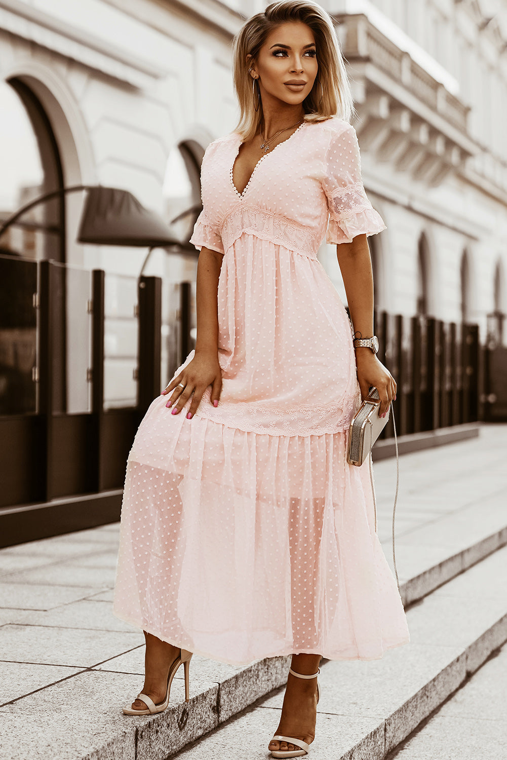 Women's Maxi Dress with Pink Short-Sleeve Bohemian