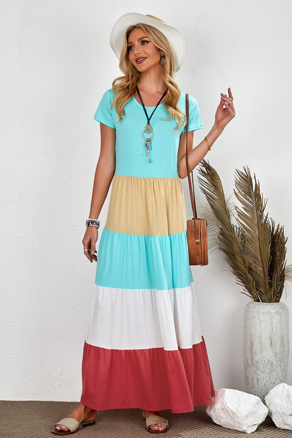 Women's Family Matching Round Neck Short-Sleeve Color-Block Adult Maxi Dress