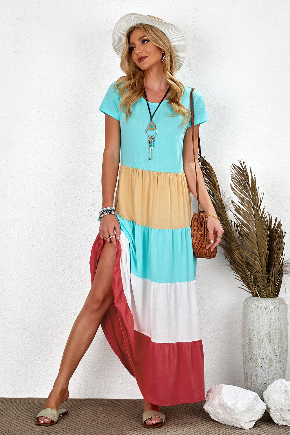 Women's Family Matching Round Neck Short-Sleeve Color-Block Adult Maxi Dress