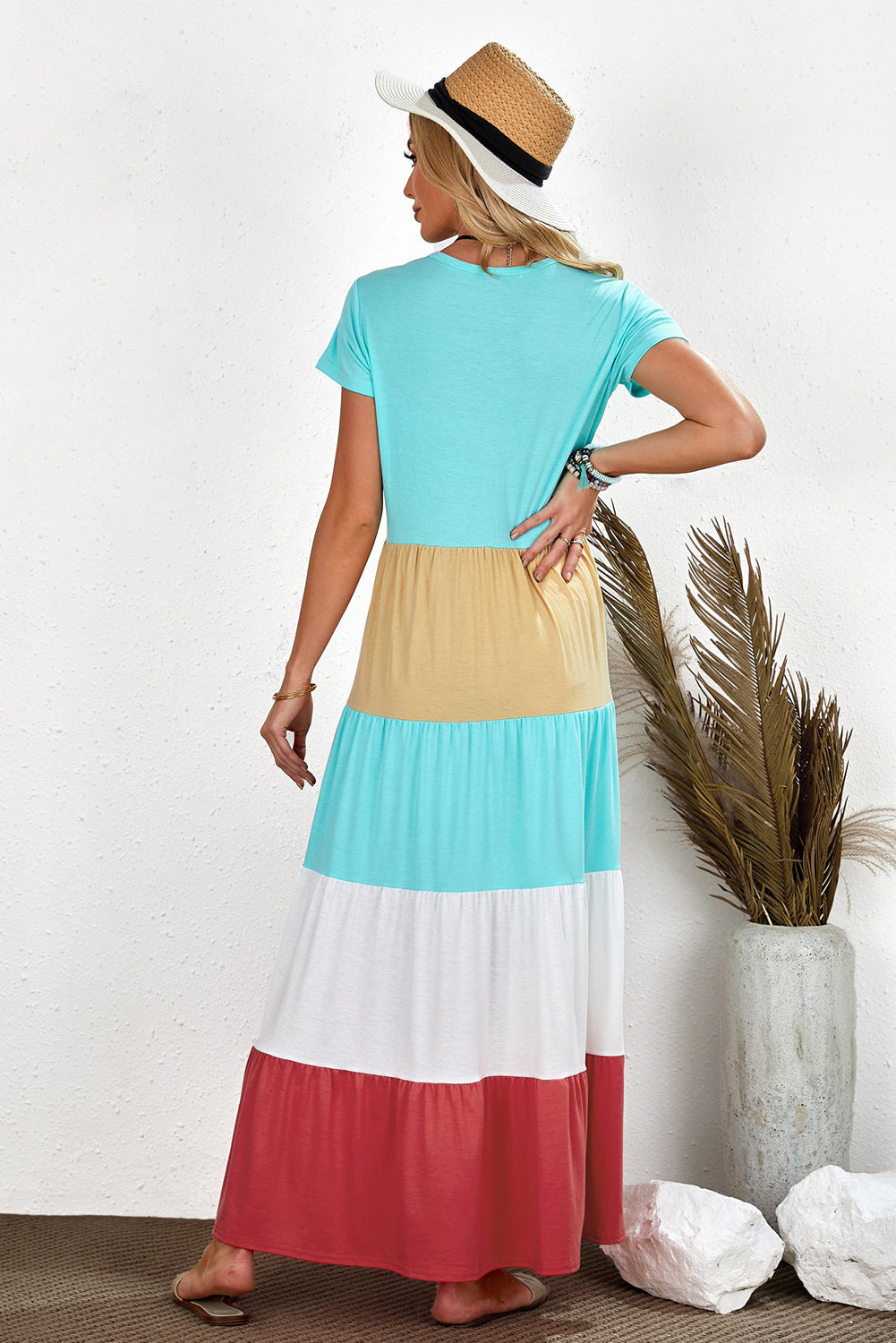 Women's Family Matching Round Neck Short-Sleeve Color-Block Adult Maxi Dress