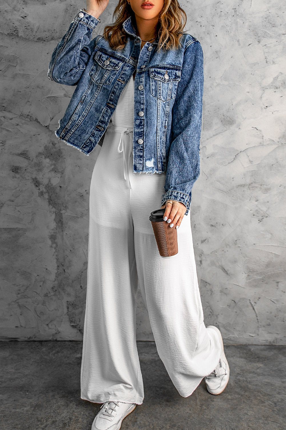 Women's Strap Wide White Spaghetti Leg Jumpsuit