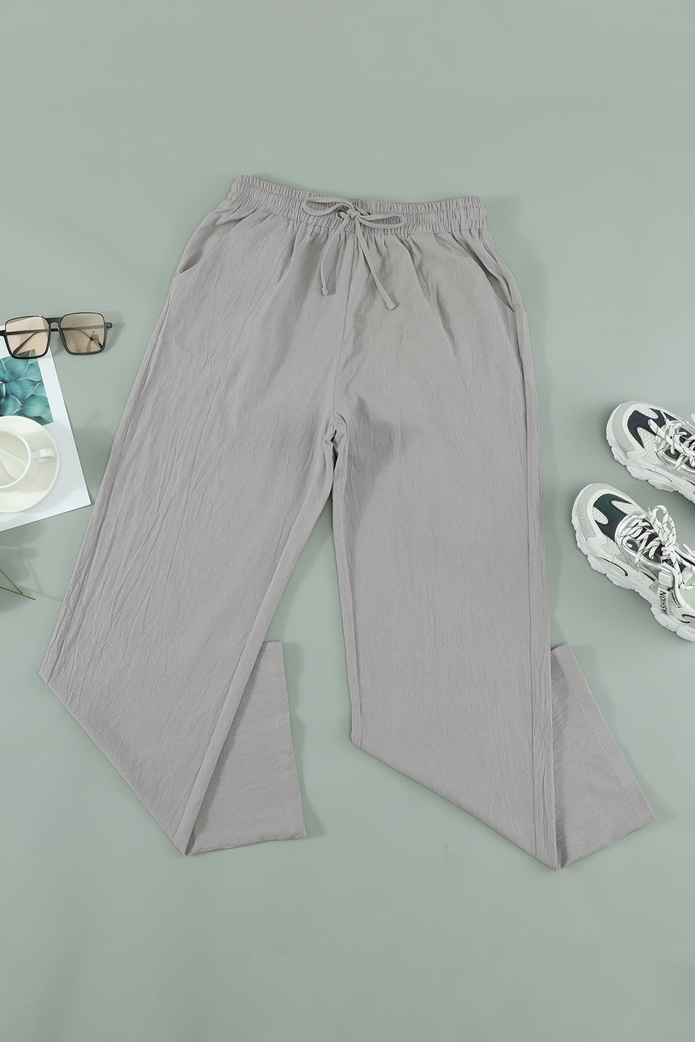 Women's Pants with Pockets Long Straight Legs Women's Gray Drawcord Elastic Waist