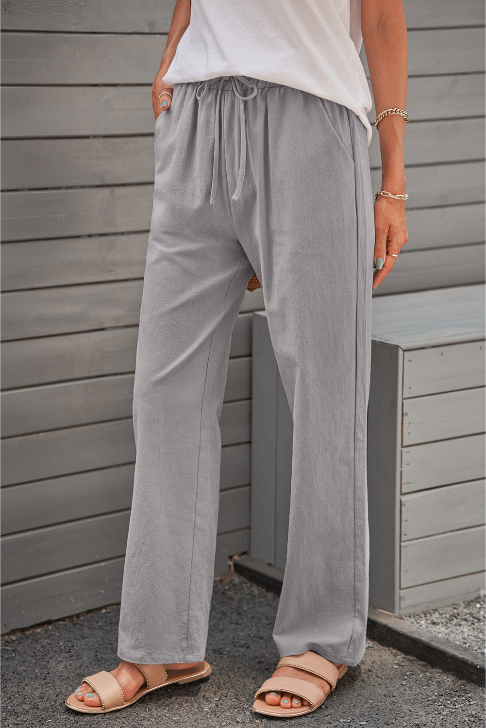 Women's Pants with Pockets Long Straight Legs Women's Gray Drawcord Elastic Waist