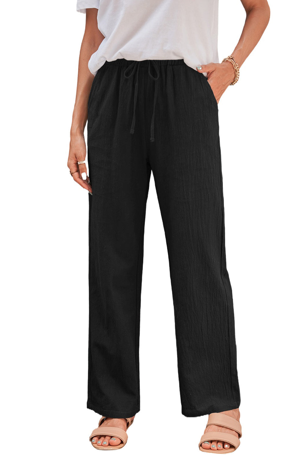 Women's Pants Featuring Long Straight Legs Women's Black Drawcord Elastic Waist Pockets