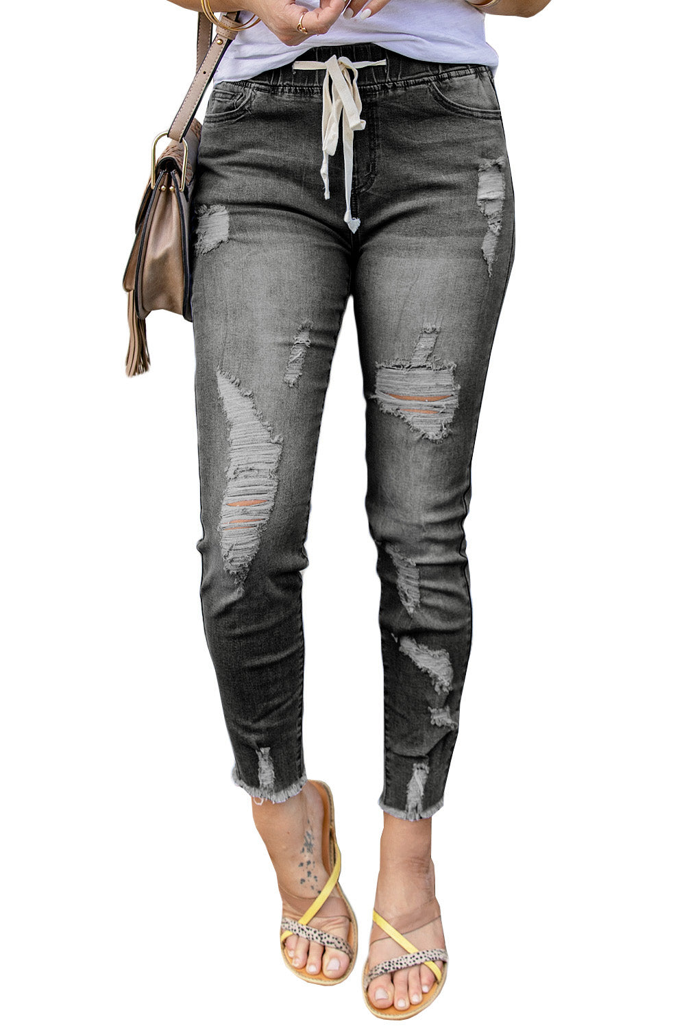 Women's Women's Fashion Gray Drawcord Elastic Waist Hole Ripped Jeans