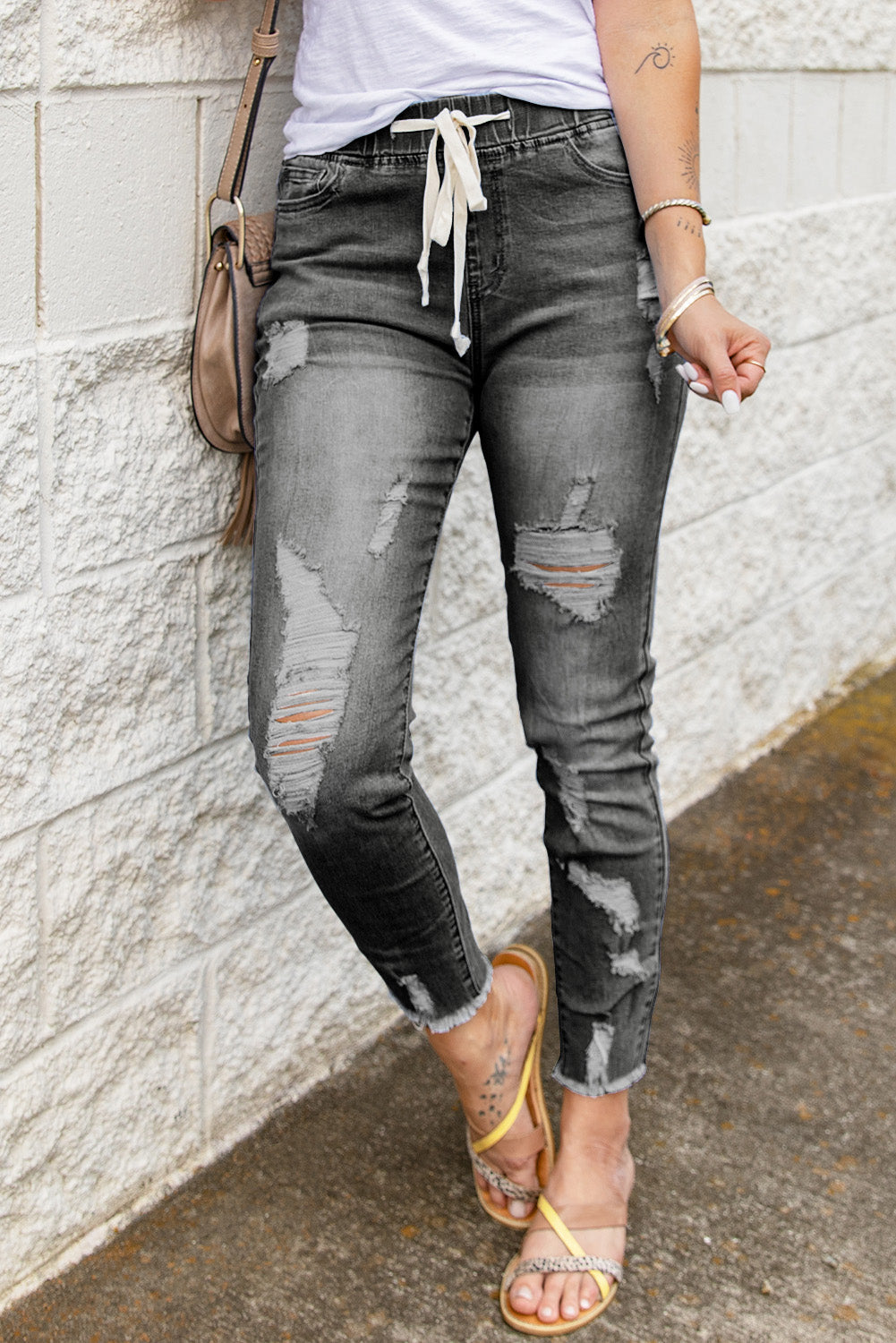 Women's Women's Fashion Gray Drawcord Elastic Waist Hole Ripped Jeans