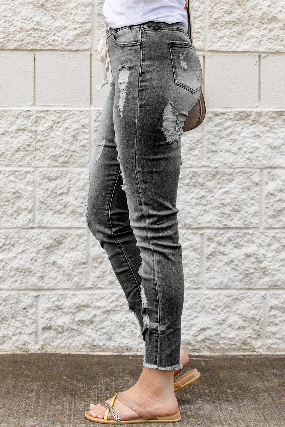 Women's Women's Fashion Gray Drawcord Elastic Waist Hole Ripped Jeans