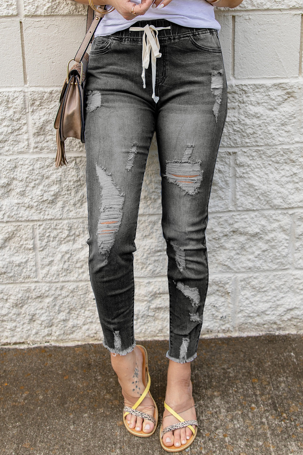 Women's Women's Fashion Gray Drawcord Elastic Waist Hole Ripped Jeans