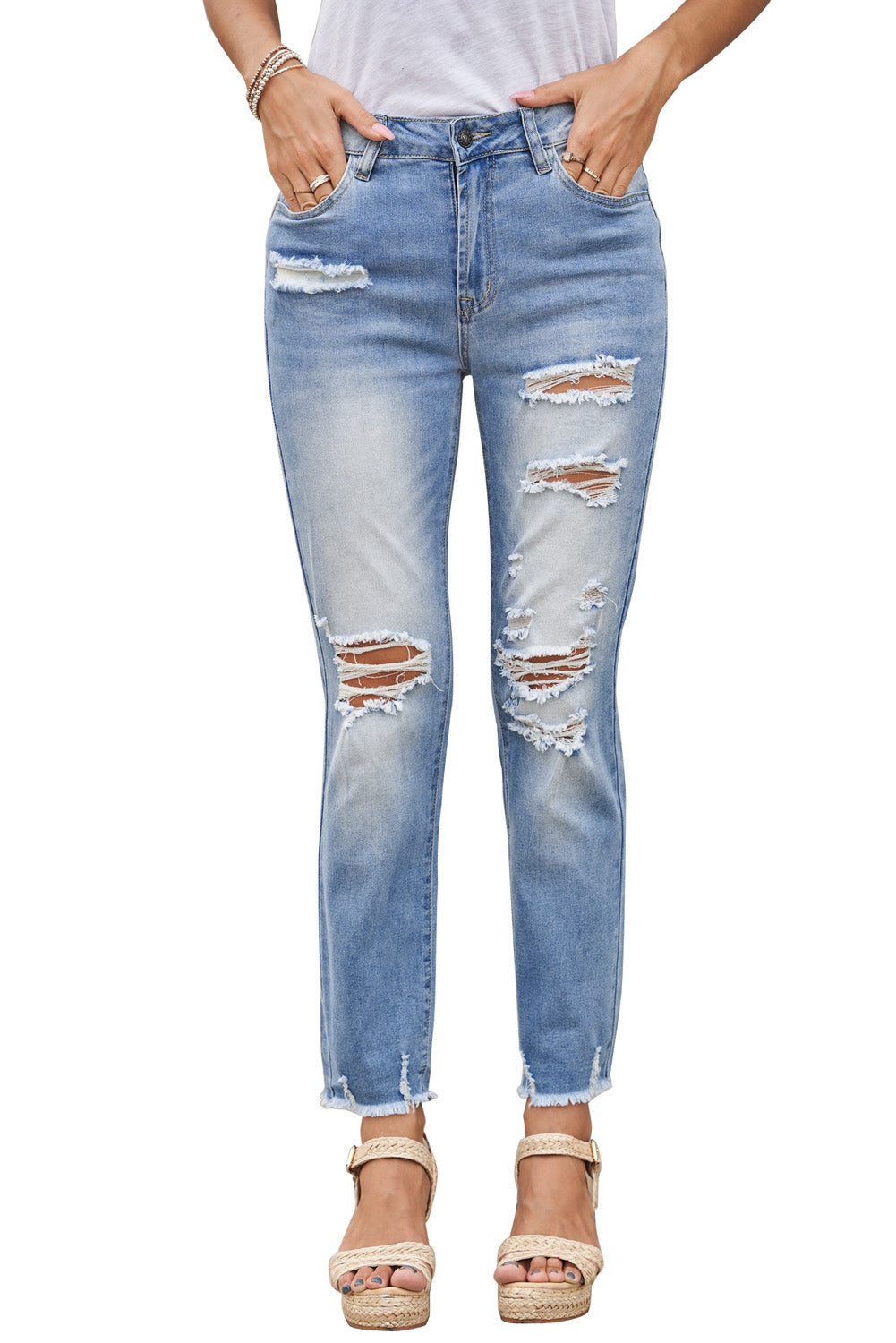 Women's Pants Featuring Fashion Light Blue Distressed Boyfriend Denim