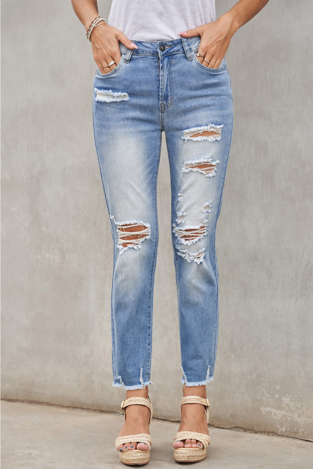 Women's Pants Featuring Fashion Light Blue Distressed Boyfriend Denim