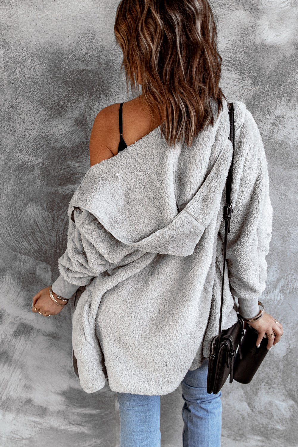 Coat for Women Grey Hooded Open Front Soft Fleece