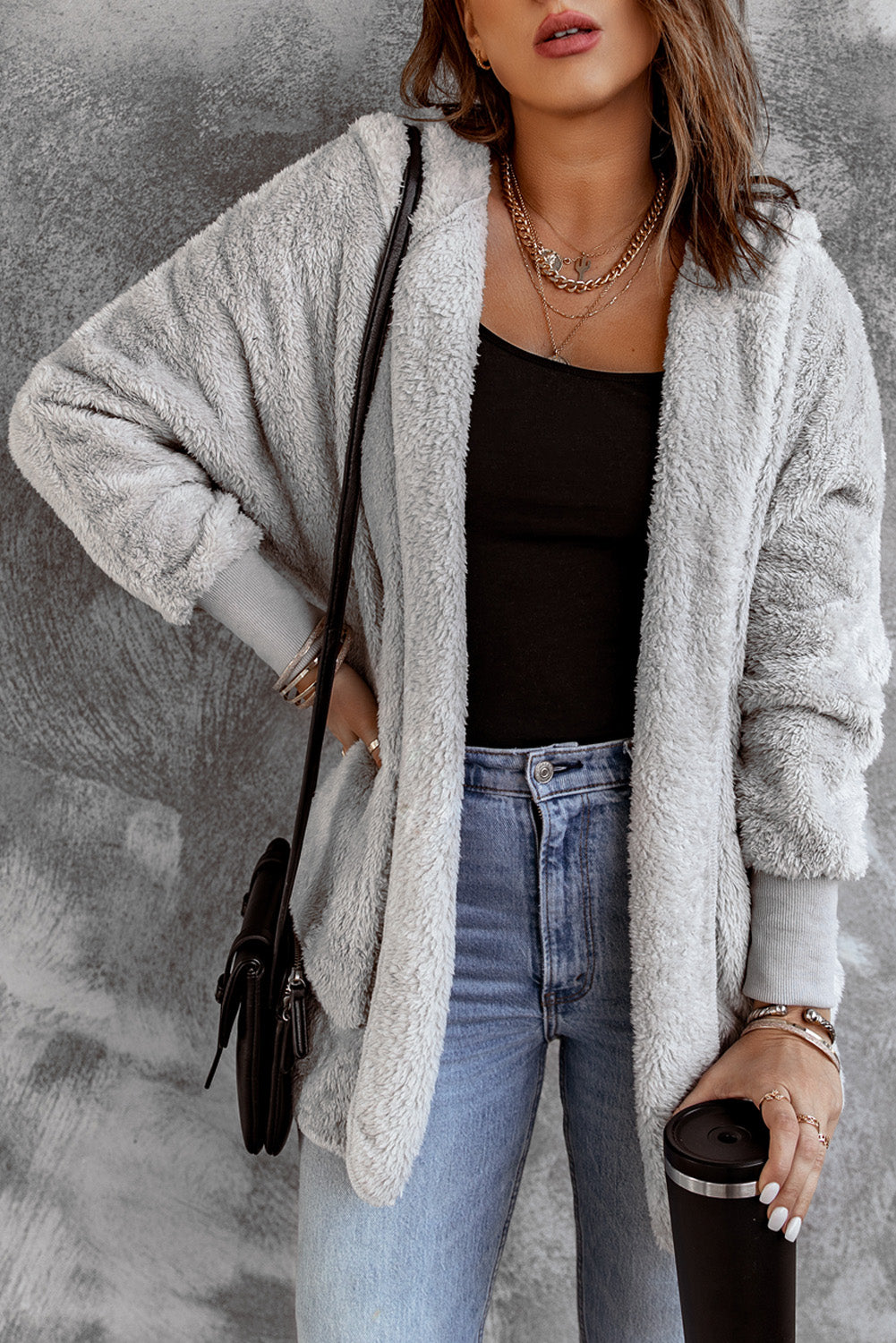 Coat for Women Grey Hooded Open Front Soft Fleece