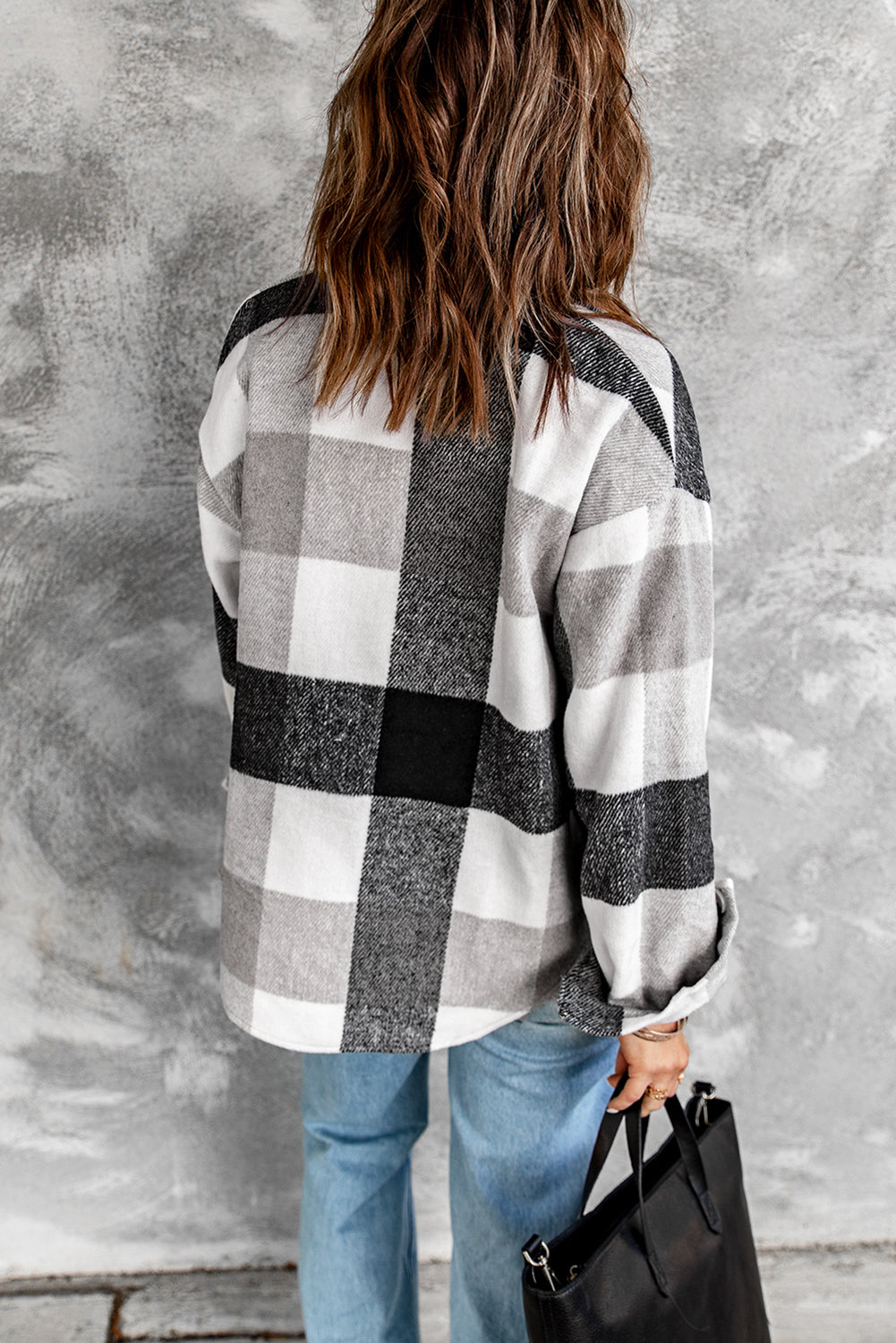Women's Women's Gray Plaid Color-Block Button-Front Pocket Long-Sleeve Shirt Jacket
