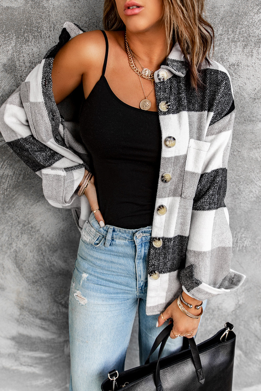 Women's Women's Gray Plaid Color-Block Button-Front Pocket Long-Sleeve Shirt Jacket