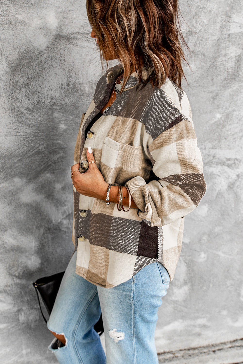 Shirt Jacket for Women Button-Front Pocket Long-Sleeve Women's Khaki Plaid Color-Block