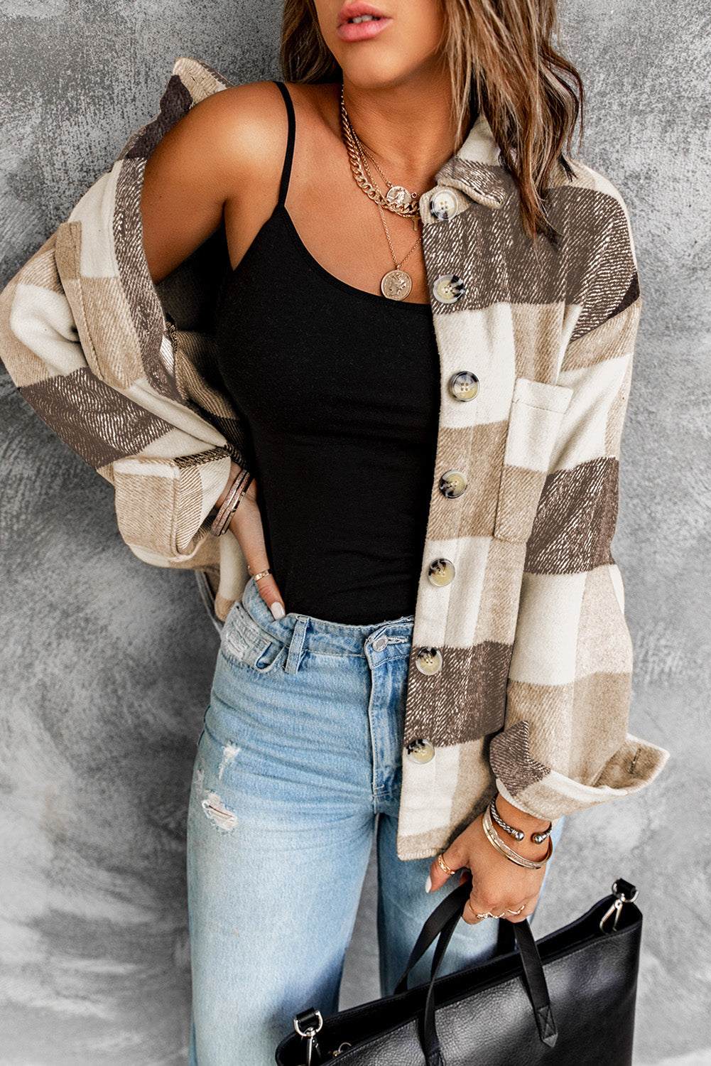 Shirt Jacket for Women Button-Front Pocket Long-Sleeve Women's Khaki Plaid Color-Block