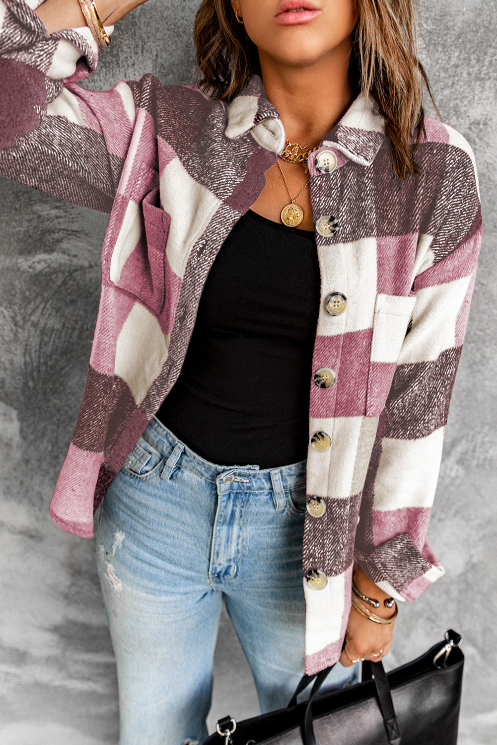 Women's Pocket with Shirt Jacket with Red Plaid Color-Block Button-Front Long-Sleeve